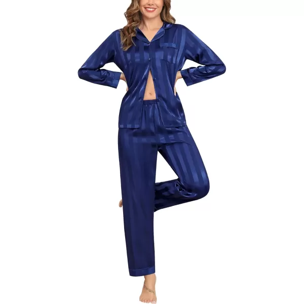 SWOMOG Womens Silk Satin Pajamas Set Long Sleeve Button Down Sleepwear 2 Piece Lounge Set Pj Set XS3XLNavy Blue Wide Stripes