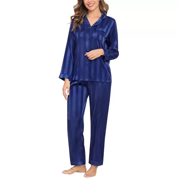 SWOMOG Womens Silk Satin Pajamas Set Long Sleeve Button Down Sleepwear 2 Piece Lounge Set Pj Set XS3XLNavy Blue Wide Stripes