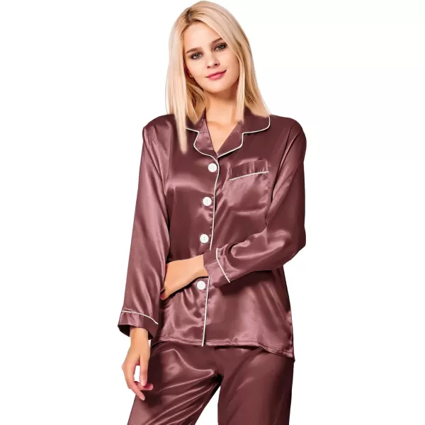 SWOMOG Womens Silk Satin Pajamas Set Long Sleeve Button Down Sleepwear 2 Piece Lounge Set Pj Set XS3XLNostalgia Rose