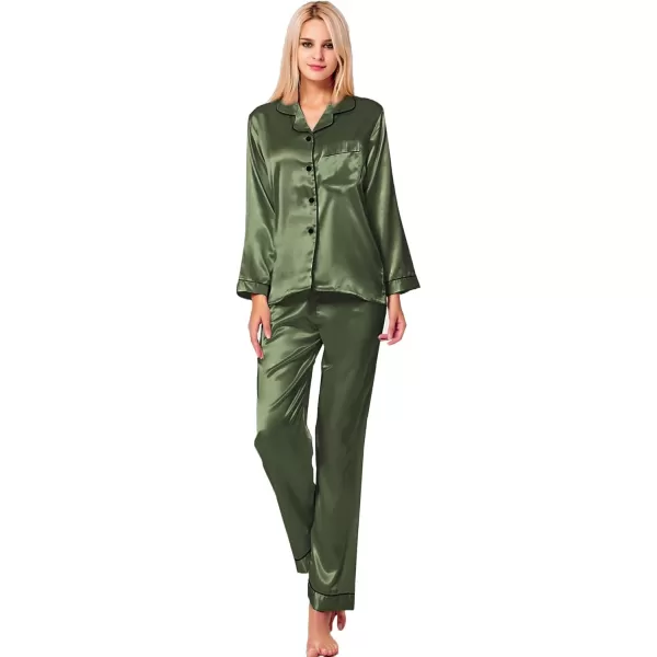 SWOMOG Womens Silk Satin Pajamas Set Long Sleeve Button Down Sleepwear 2 Piece Lounge Set Pj Set XS3XLOlive Green