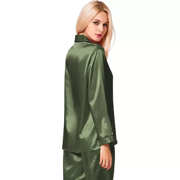 SWOMOG Womens Silk Satin Pajamas Set Long Sleeve Button Down Sleepwear 2 Piece Lounge Set Pj Set XS3XLOlive Green