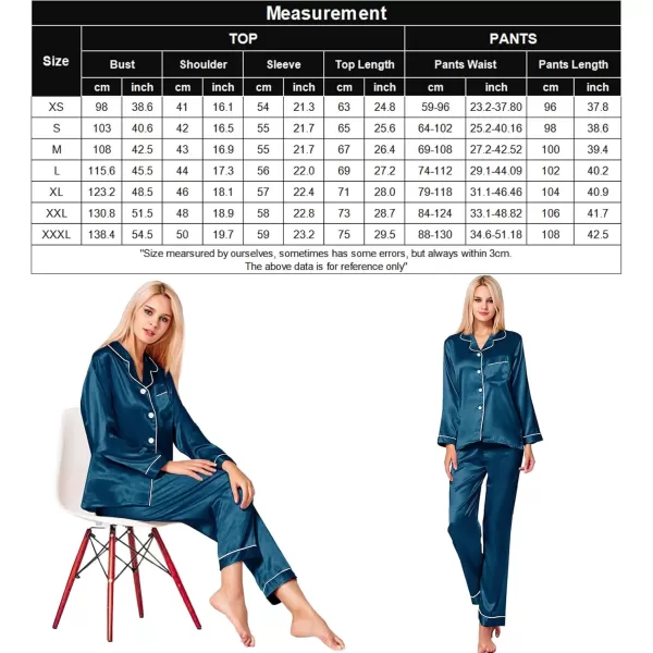 SWOMOG Womens Silk Satin Pajamas Set Long Sleeve Button Down Sleepwear 2 Piece Lounge Set Pj Set XS3XLOxford Blue