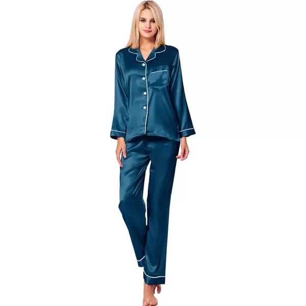 SWOMOG Womens Silk Satin Pajamas Set Long Sleeve Button Down Sleepwear 2 Piece Lounge Set Pj Set XS3XLOxford Blue