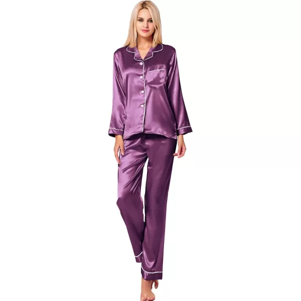 SWOMOG Womens Silk Satin Pajamas Set Long Sleeve Button Down Sleepwear 2 Piece Lounge Set Pj Set XS3XLPearly Purple