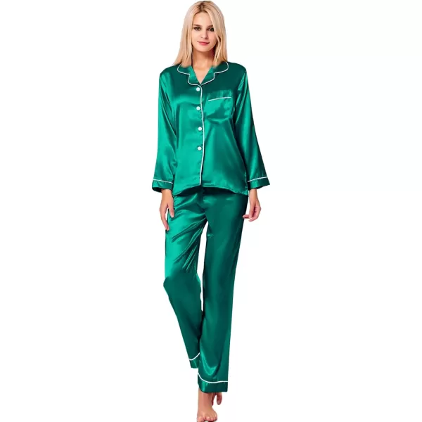 SWOMOG Womens Silk Satin Pajamas Set Long Sleeve Button Down Sleepwear 2 Piece Lounge Set Pj Set XS3XLPersian Green