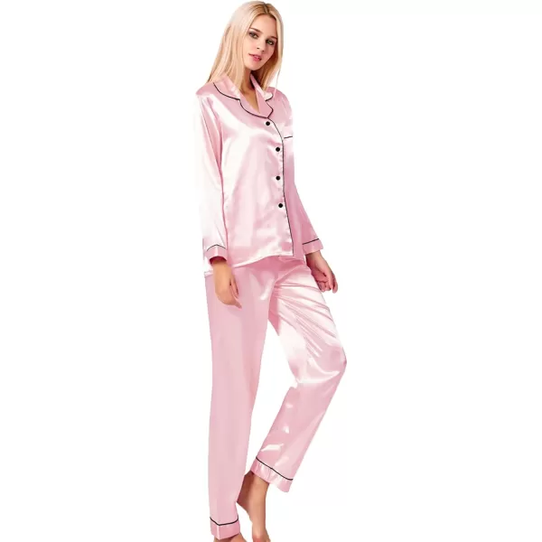 SWOMOG Womens Silk Satin Pajamas Set Long Sleeve Button Down Sleepwear 2 Piece Lounge Set Pj Set XS3XLPink