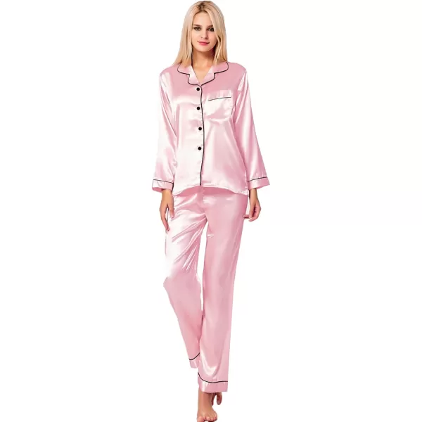 SWOMOG Womens Silk Satin Pajamas Set Long Sleeve Button Down Sleepwear 2 Piece Lounge Set Pj Set XS3XLPink