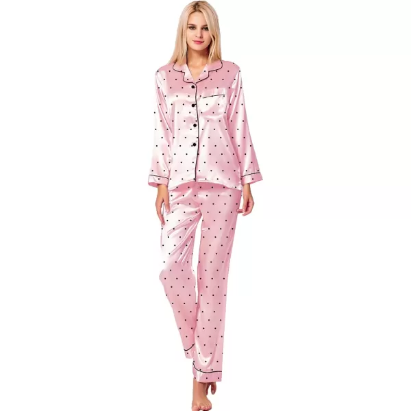 SWOMOG Womens Silk Satin Pajamas Set Long Sleeve Button Down Sleepwear 2 Piece Lounge Set Pj Set XS3XLPink Dots