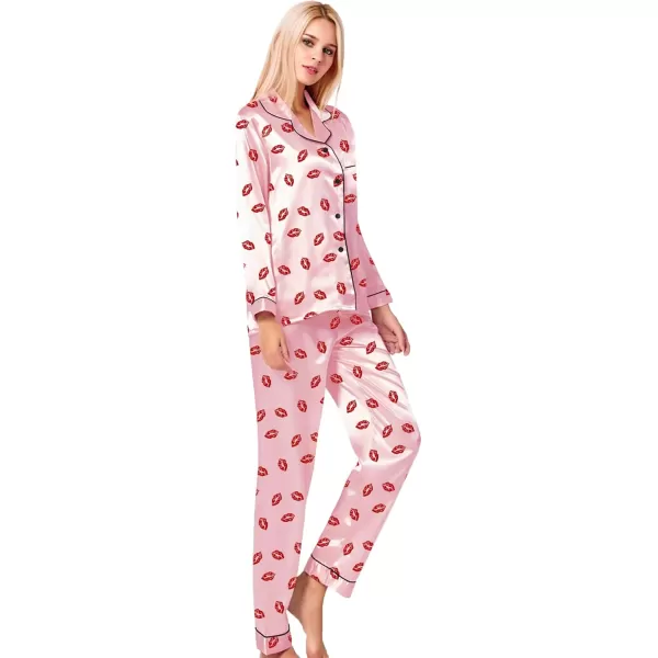 SWOMOG Womens Silk Satin Pajamas Set Long Sleeve Button Down Sleepwear 2 Piece Lounge Set Pj Set XS3XLPink Kiss