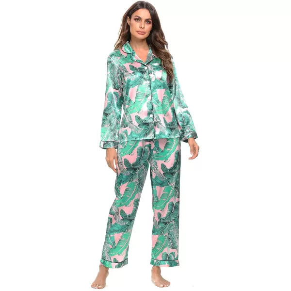 SWOMOG Womens Silk Satin Pajamas Set Long Sleeve Button Down Sleepwear 2 Piece Lounge Set Pj Set XS3XLPink Leaves