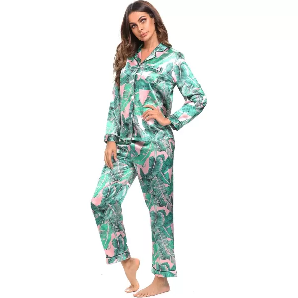 SWOMOG Womens Silk Satin Pajamas Set Long Sleeve Button Down Sleepwear 2 Piece Lounge Set Pj Set XS3XLPink Leaves