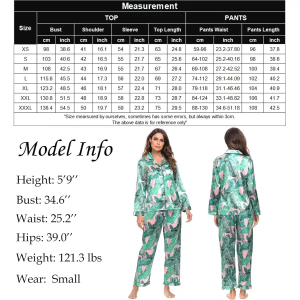 SWOMOG Womens Silk Satin Pajamas Set Long Sleeve Button Down Sleepwear 2 Piece Lounge Set Pj Set XS3XLPink Leaves