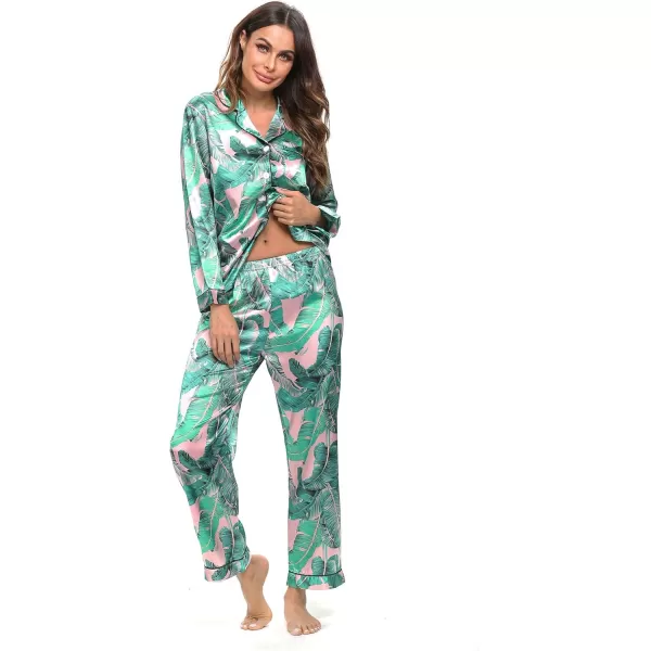 SWOMOG Womens Silk Satin Pajamas Set Long Sleeve Button Down Sleepwear 2 Piece Lounge Set Pj Set XS3XLPink Leaves