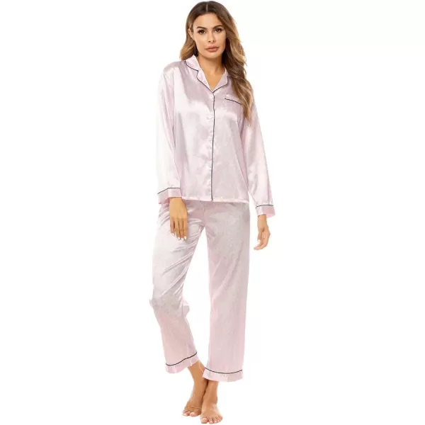 SWOMOG Womens Silk Satin Pajamas Set Long Sleeve Button Down Sleepwear 2 Piece Lounge Set Pj Set XS3XLPink Leopard