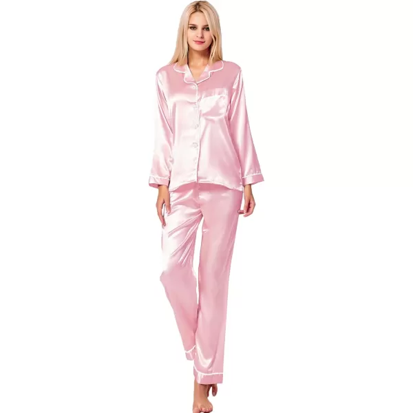 SWOMOG Womens Silk Satin Pajamas Set Long Sleeve Button Down Sleepwear 2 Piece Lounge Set Pj Set XS3XLPink One