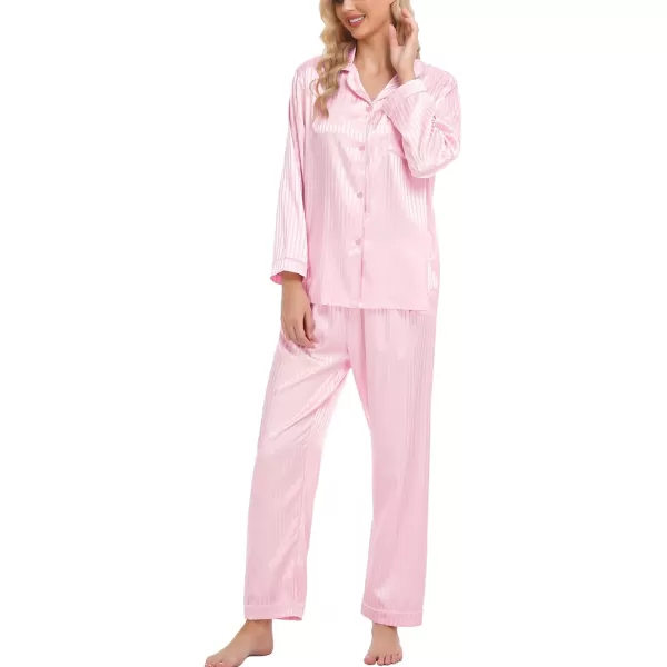 SWOMOG Womens Silk Satin Pajamas Set Long Sleeve Button Down Sleepwear 2 Piece Lounge Set Pj Set XS3XLPink Pinstripes