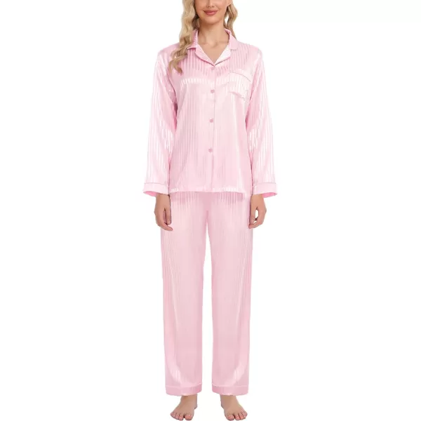 SWOMOG Womens Silk Satin Pajamas Set Long Sleeve Button Down Sleepwear 2 Piece Lounge Set Pj Set XS3XLPink Pinstripes