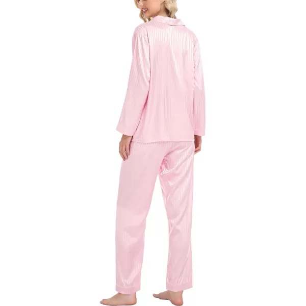 SWOMOG Womens Silk Satin Pajamas Set Long Sleeve Button Down Sleepwear 2 Piece Lounge Set Pj Set XS3XLPink Pinstripes