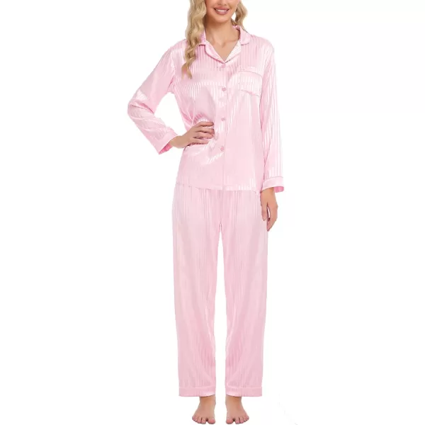 SWOMOG Womens Silk Satin Pajamas Set Long Sleeve Button Down Sleepwear 2 Piece Lounge Set Pj Set XS3XLPink Pinstripes