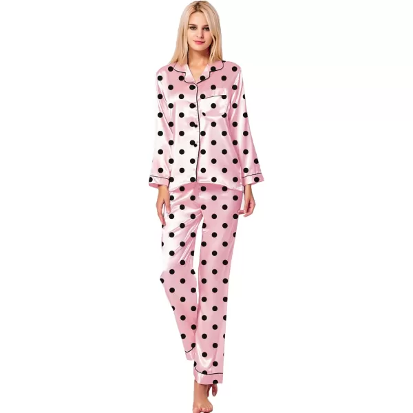 SWOMOG Womens Silk Satin Pajamas Set Long Sleeve Button Down Sleepwear 2 Piece Lounge Set Pj Set XS3XLPink Spot