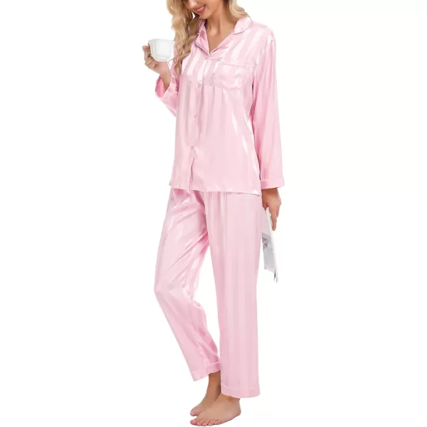 SWOMOG Womens Silk Satin Pajamas Set Long Sleeve Button Down Sleepwear 2 Piece Lounge Set Pj Set XS3XLPink Wide Stripes