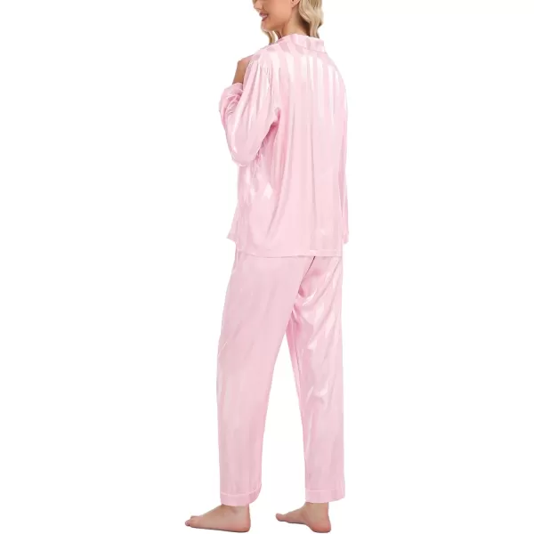 SWOMOG Womens Silk Satin Pajamas Set Long Sleeve Button Down Sleepwear 2 Piece Lounge Set Pj Set XS3XLPink Wide Stripes