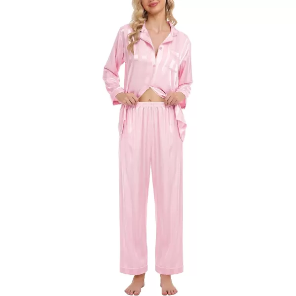 SWOMOG Womens Silk Satin Pajamas Set Long Sleeve Button Down Sleepwear 2 Piece Lounge Set Pj Set XS3XLPink Wide Stripes