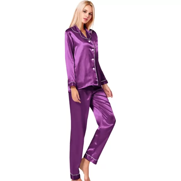 SWOMOG Womens Silk Satin Pajamas Set Long Sleeve Button Down Sleepwear 2 Piece Lounge Set Pj Set XS3XLPurple