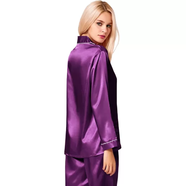 SWOMOG Womens Silk Satin Pajamas Set Long Sleeve Button Down Sleepwear 2 Piece Lounge Set Pj Set XS3XLPurple