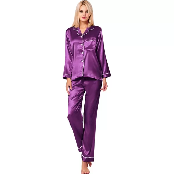 SWOMOG Womens Silk Satin Pajamas Set Long Sleeve Button Down Sleepwear 2 Piece Lounge Set Pj Set XS3XLPurple