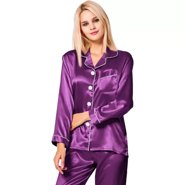 SWOMOG Womens Silk Satin Pajamas Set Long Sleeve Button Down Sleepwear 2 Piece Lounge Set Pj Set XS3XLPurple