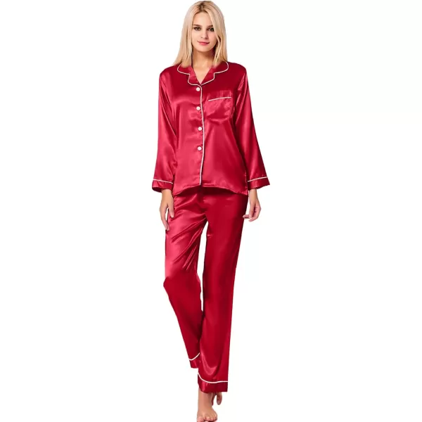 SWOMOG Womens Silk Satin Pajamas Set Long Sleeve Button Down Sleepwear 2 Piece Lounge Set Pj Set XS3XLRed