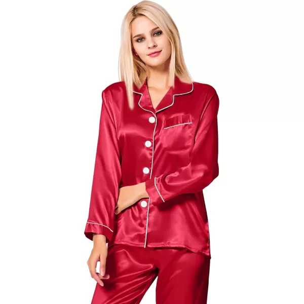 SWOMOG Womens Silk Satin Pajamas Set Long Sleeve Button Down Sleepwear 2 Piece Lounge Set Pj Set XS3XLRed