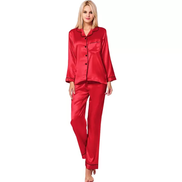 SWOMOG Womens Silk Satin Pajamas Set Long Sleeve Button Down Sleepwear 2 Piece Lounge Set Pj Set XS3XLRed Candy