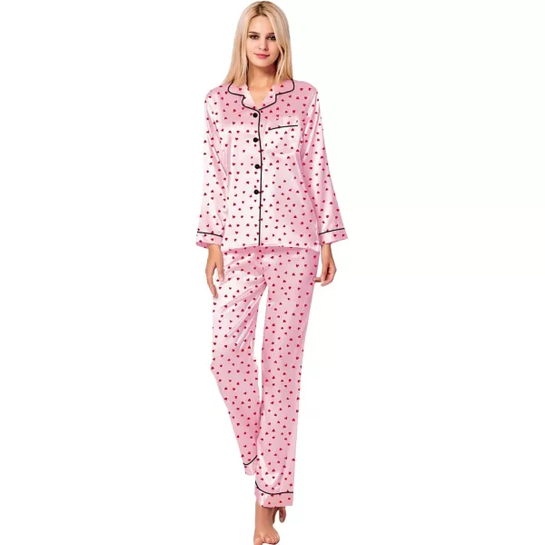 SWOMOG Womens Silk Satin Pajamas Set Long Sleeve Button Down Sleepwear 2 Piece Lounge Set Pj Set XS3XLRed Heart With Pink