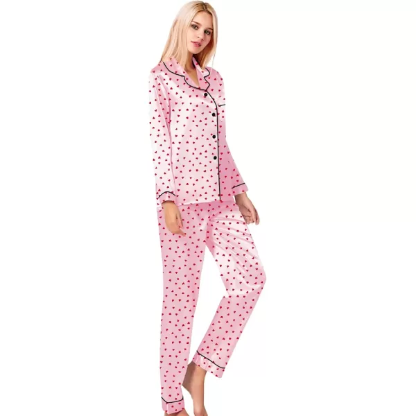 SWOMOG Womens Silk Satin Pajamas Set Long Sleeve Button Down Sleepwear 2 Piece Lounge Set Pj Set XS3XLRed Heart With Pink