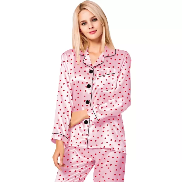 SWOMOG Womens Silk Satin Pajamas Set Long Sleeve Button Down Sleepwear 2 Piece Lounge Set Pj Set XS3XLRed Heart With Pink