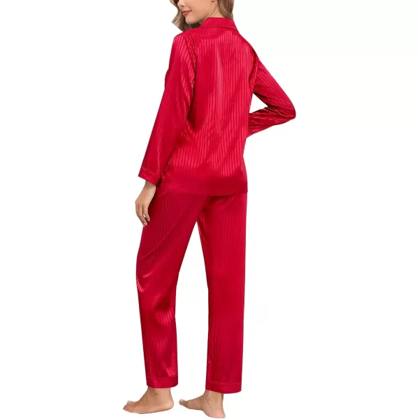 SWOMOG Womens Silk Satin Pajamas Set Long Sleeve Button Down Sleepwear 2 Piece Lounge Set Pj Set XS3XLRed Pinstripes