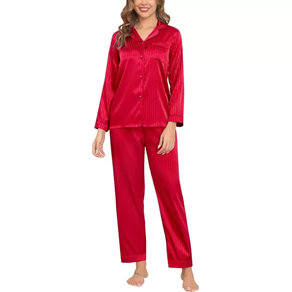 SWOMOG Womens Silk Satin Pajamas Set Long Sleeve Button Down Sleepwear 2 Piece Lounge Set Pj Set XS3XLRed Pinstripes