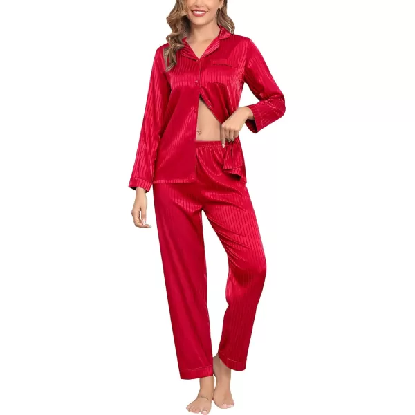 SWOMOG Womens Silk Satin Pajamas Set Long Sleeve Button Down Sleepwear 2 Piece Lounge Set Pj Set XS3XLRed Pinstripes