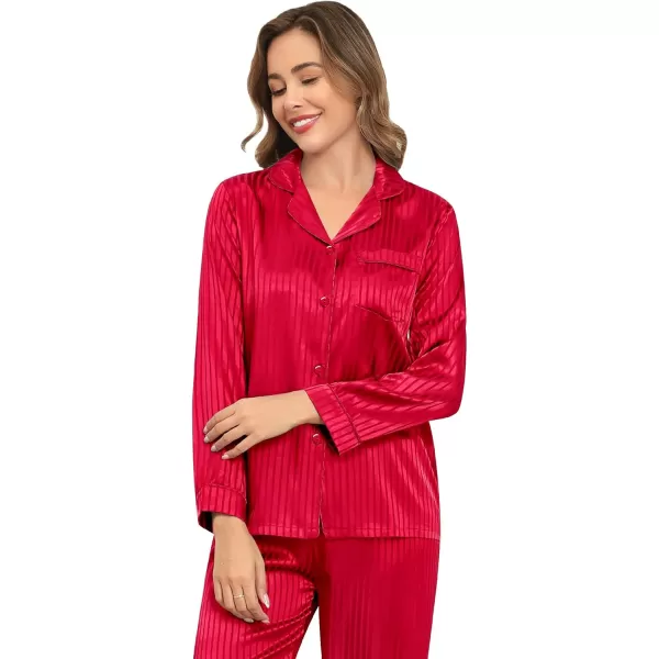 SWOMOG Womens Silk Satin Pajamas Set Long Sleeve Button Down Sleepwear 2 Piece Lounge Set Pj Set XS3XLRed Pinstripes