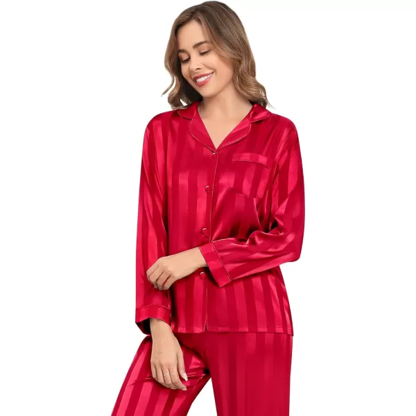 SWOMOG Womens Silk Satin Pajamas Set Long Sleeve Button Down Sleepwear 2 Piece Lounge Set Pj Set XS3XLRed Wide Stripes