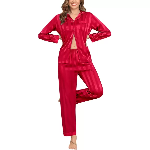 SWOMOG Womens Silk Satin Pajamas Set Long Sleeve Button Down Sleepwear 2 Piece Lounge Set Pj Set XS3XLRed Wide Stripes