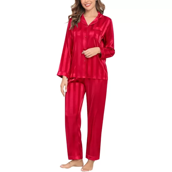 SWOMOG Womens Silk Satin Pajamas Set Long Sleeve Button Down Sleepwear 2 Piece Lounge Set Pj Set XS3XLRed Wide Stripes