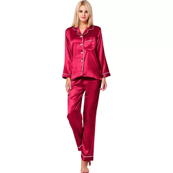 SWOMOG Womens Silk Satin Pajamas Set Long Sleeve Button Down Sleepwear 2 Piece Lounge Set Pj Set XS3XLReda