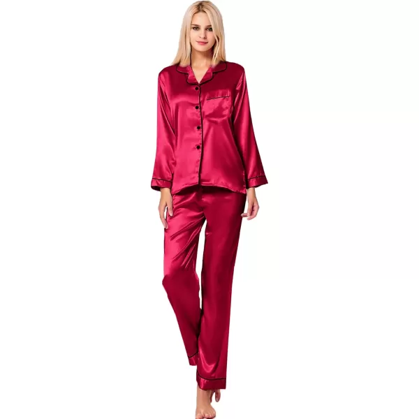 SWOMOG Womens Silk Satin Pajamas Set Long Sleeve Button Down Sleepwear 2 Piece Lounge Set Pj Set XS3XLRedc