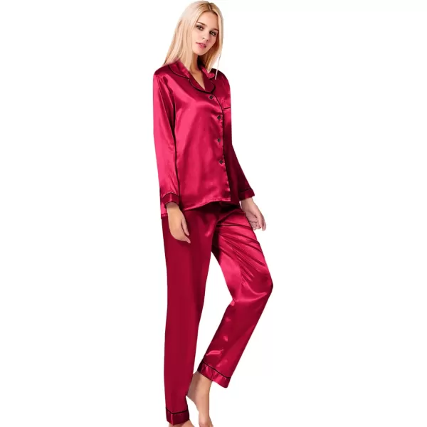 SWOMOG Womens Silk Satin Pajamas Set Long Sleeve Button Down Sleepwear 2 Piece Lounge Set Pj Set XS3XLRedc