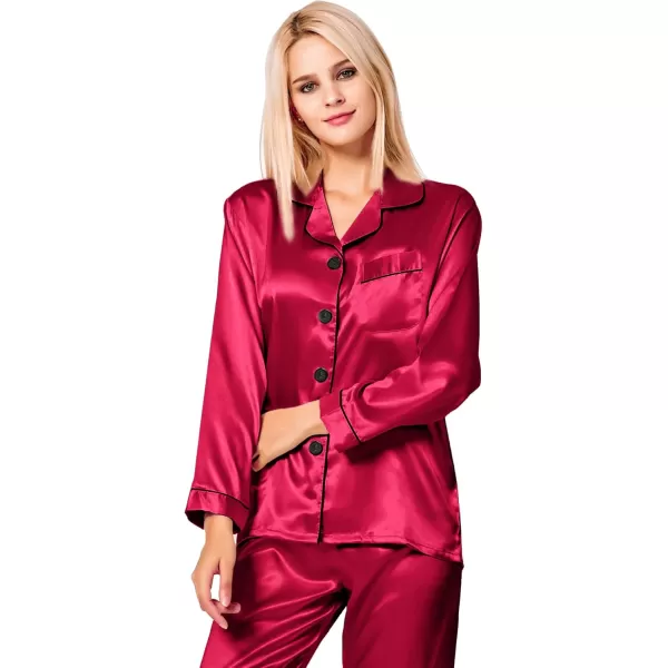 SWOMOG Womens Silk Satin Pajamas Set Long Sleeve Button Down Sleepwear 2 Piece Lounge Set Pj Set XS3XLRedc