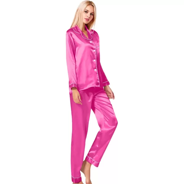 SWOMOG Womens Silk Satin Pajamas Set Long Sleeve Button Down Sleepwear 2 Piece Lounge Set Pj Set XS3XLRose Red