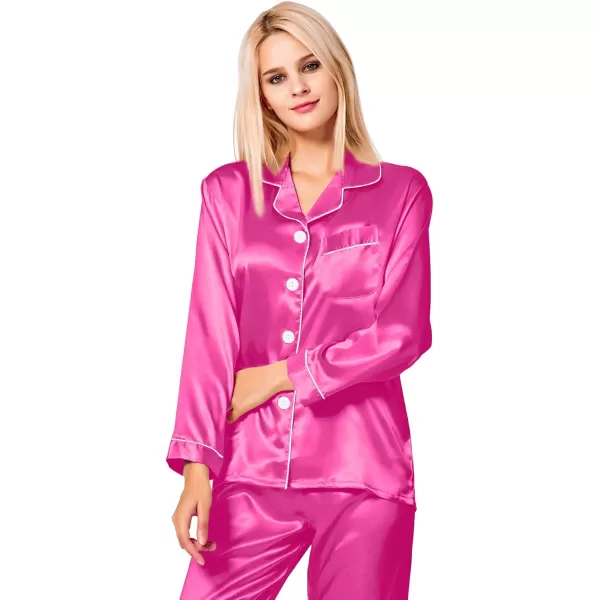 SWOMOG Womens Silk Satin Pajamas Set Long Sleeve Button Down Sleepwear 2 Piece Lounge Set Pj Set XS3XLRose Red